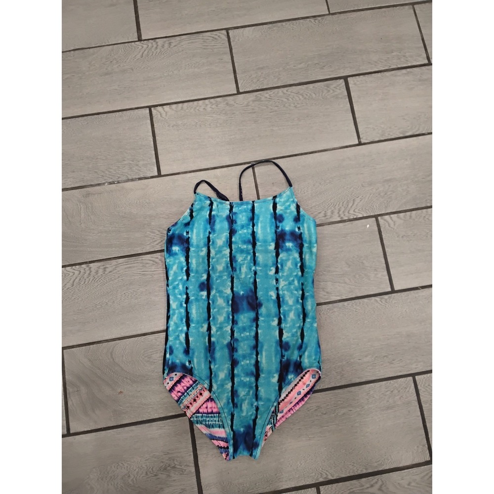 Justice Girls Reversible‎ One Piece Swimsuit Tie Dye Tribal Blue Pink Size 12